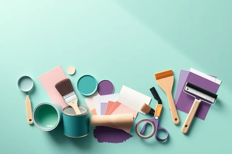 Pots de peinture, nuancier, brosses et rouleaux disposés à plat