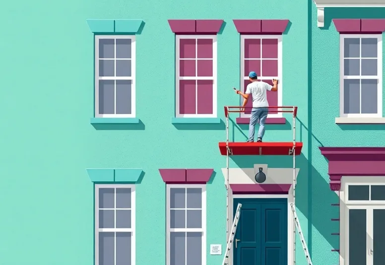 Peintre sur échafaudage traitant la façade d'une maison