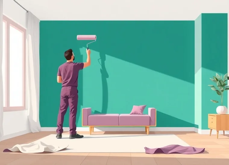Peintre appliquant la peinture au rouleau sur un mur de salon